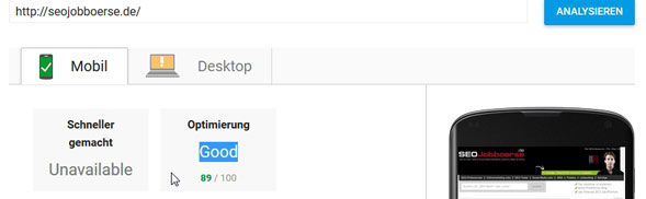 Pagespeed Ergebniss für seojobboerse.de